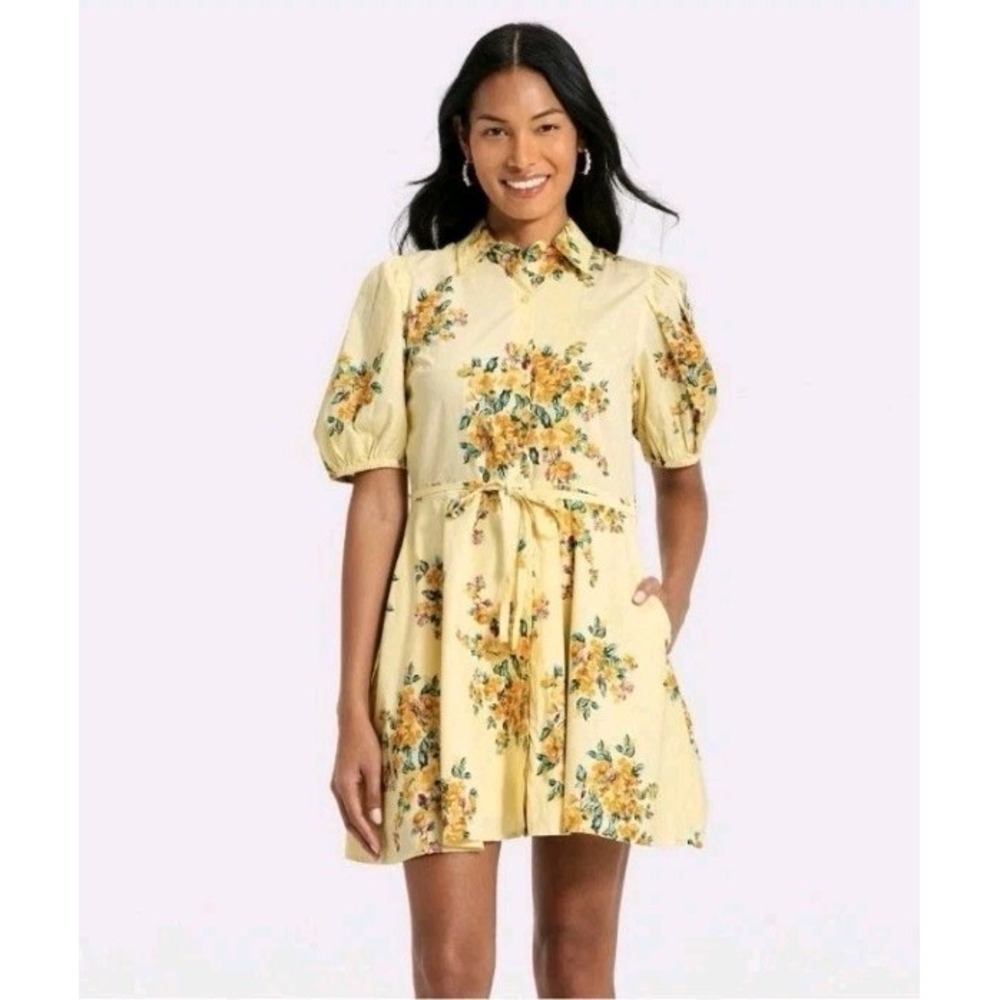 Womens Puff Sleeve Mini Shirtdress XS - A New Day - Yellow Floral Cottagecore